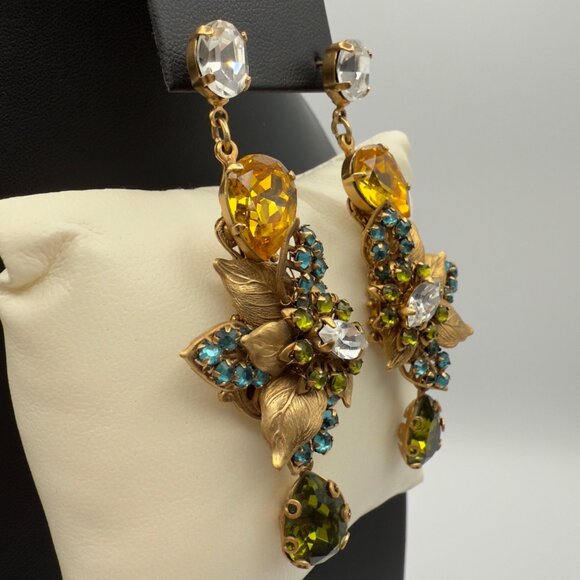 Ben Amun Signed BJ Gold Tone Filigree Crystal Dangle Drop Earrings Statement - Picture 2 of 11